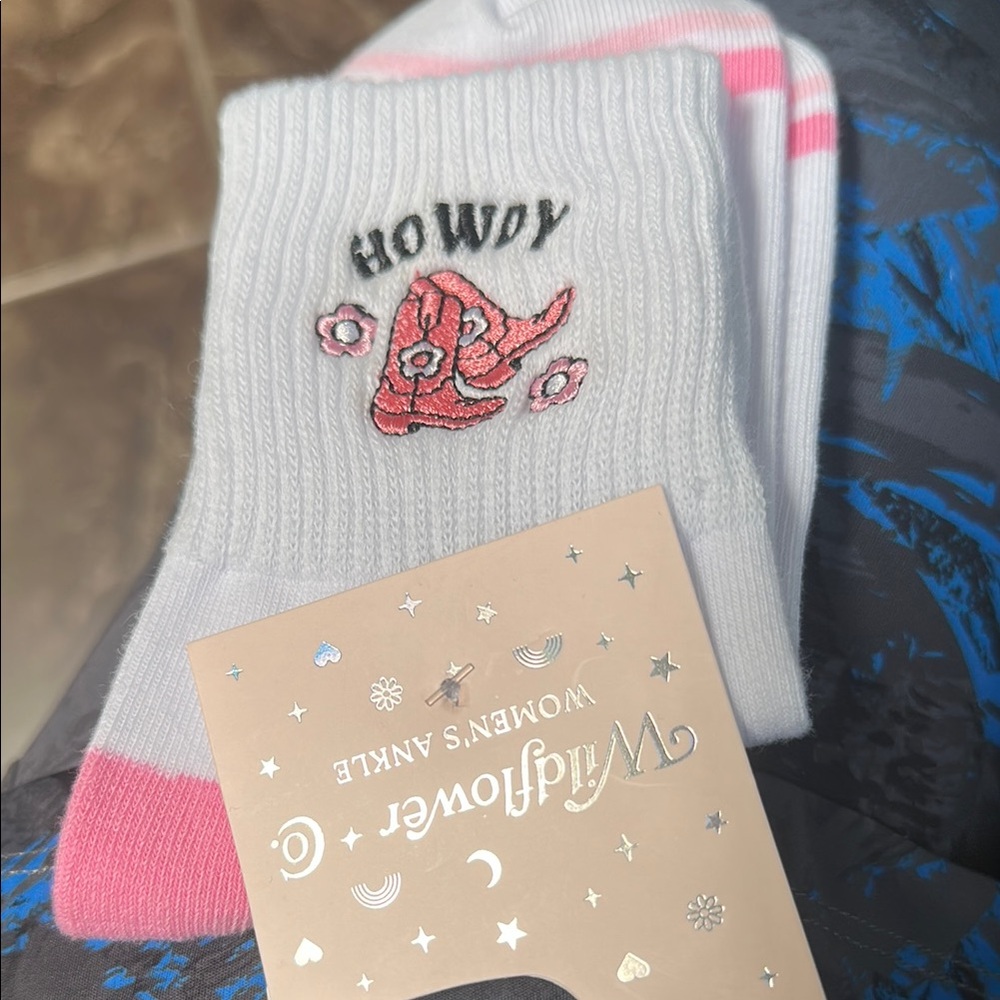 White and Pink Socks with Howdy Design